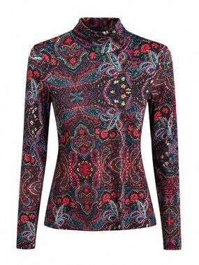 Johnny Was Womens Multicolor Paisley Print Turtleneck Mesh Long Sleeve Top S